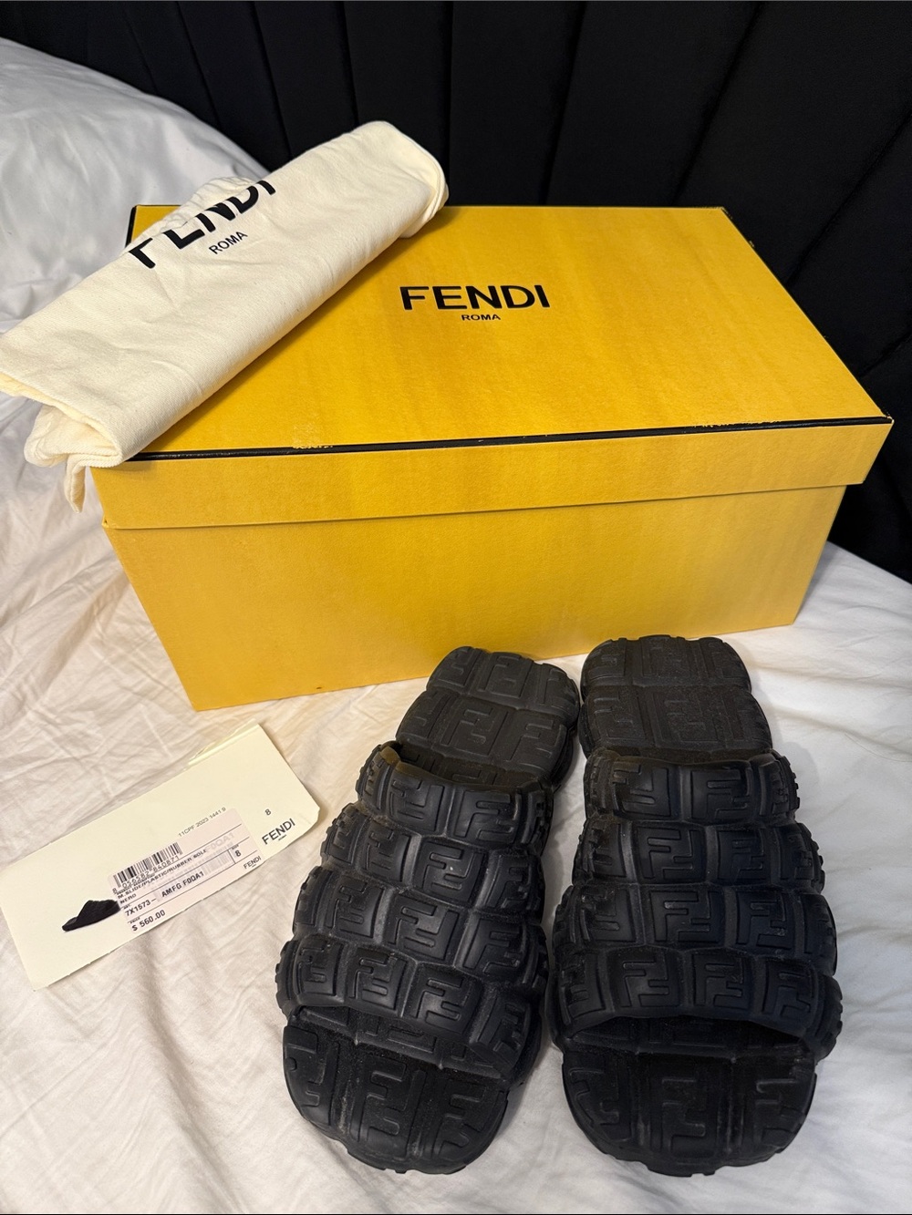 Fendi Black Embossed FF Slide Sandals